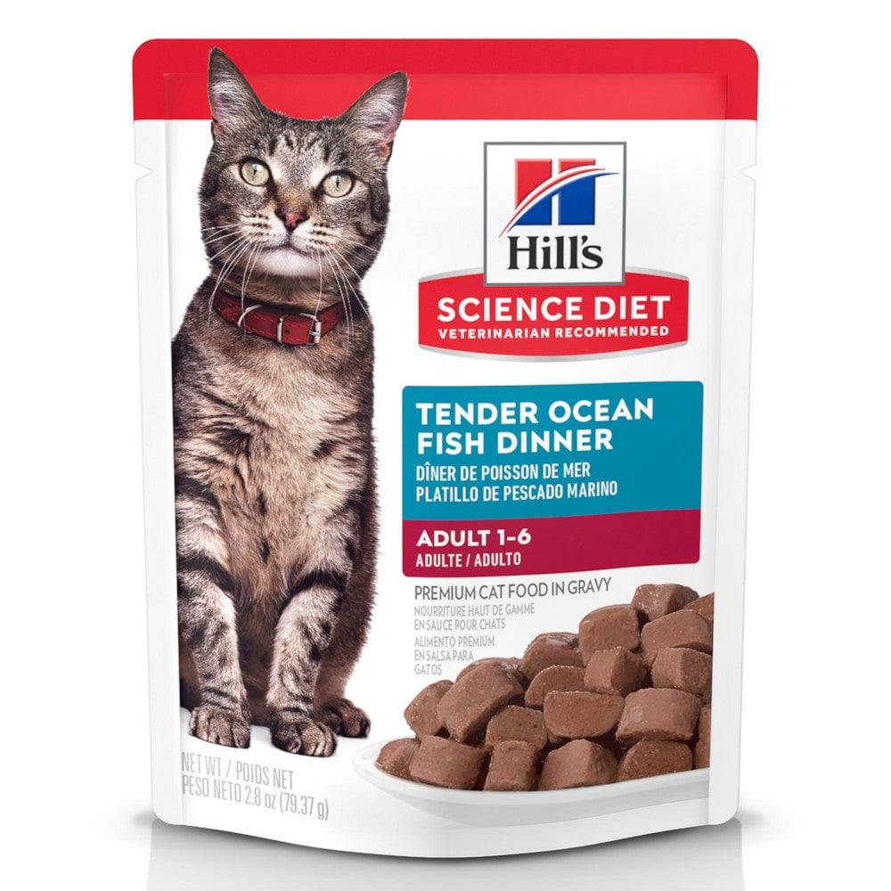 1 Hill's Science Diet Adult, alimento húmedo en pouch para gato adulto, platillo de pescado marino 79g