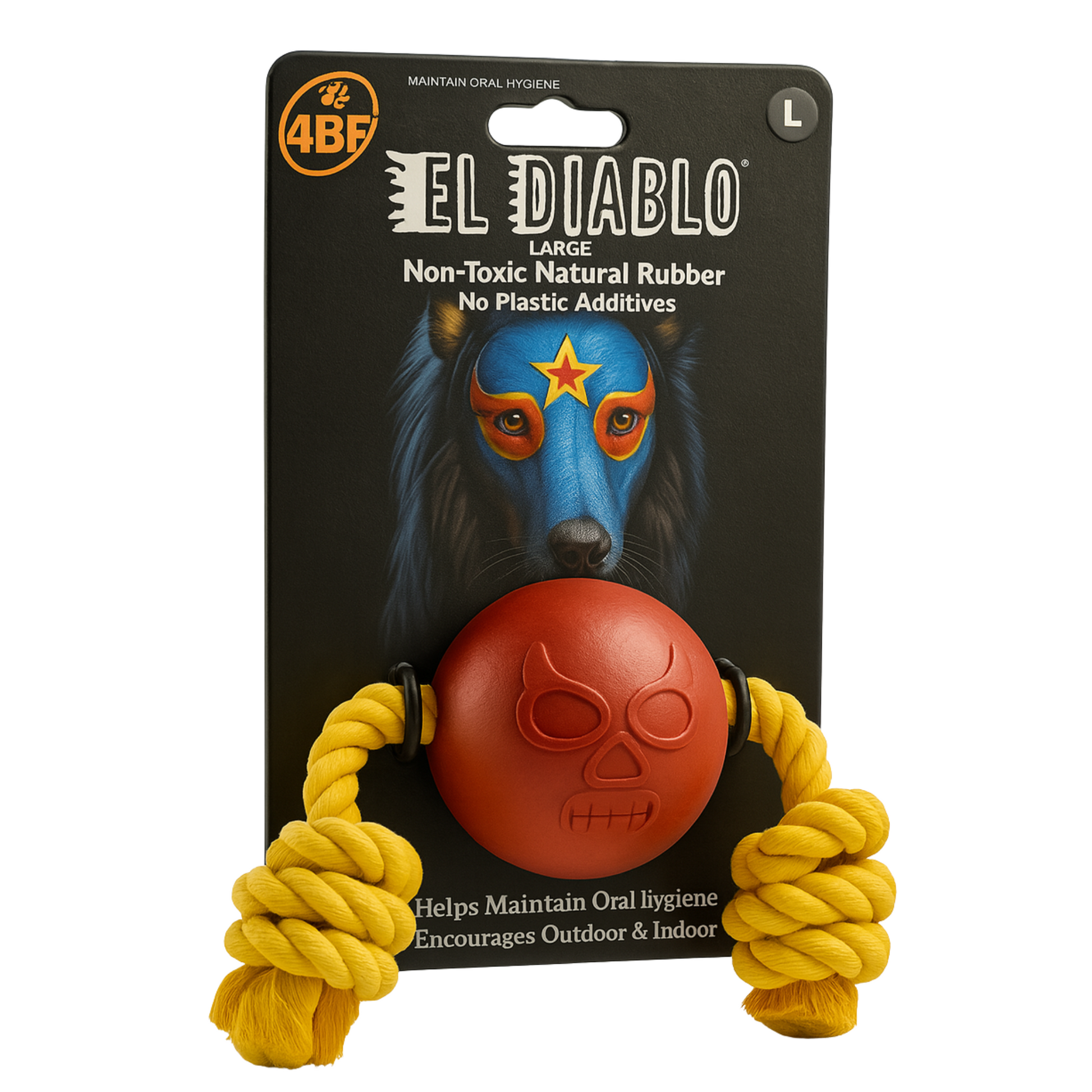 4BF Pelota de Hule con Cuerda para Perro Grande El Diablo
