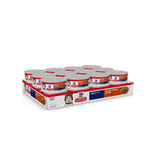 24 Latas Hill's Science Diet Adult 7+ Turkey Entrée Cat Food Cat Can. Alimento Húmedo para Gatos Adultos Senior Sabor Pavo 82 g